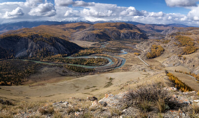 Chuya range in autumn, kurai steppe, and the river Chuya, Russia, Altai Republic in September