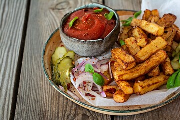 Fried potatoes (deep fried) with herbs and spices, ketchup, pickles and slices of pickled onion on a plate on a wooden background. Potato food . Baked potatoes with spices and salt.