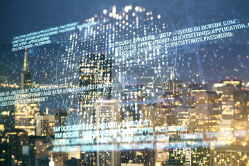 Abstract virtual code skull illustration on San Francisco skyline background. Hacking and phishing concept. Multiexposure
