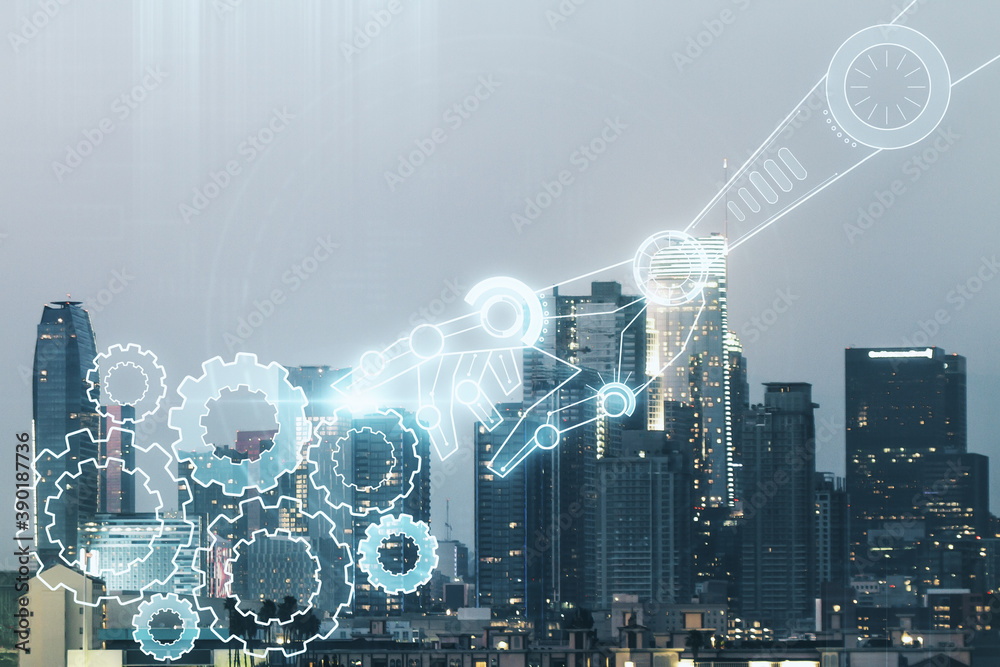 Aufkleber abstract virtual robotics technology sketch on los angeles office buildings background, future techn