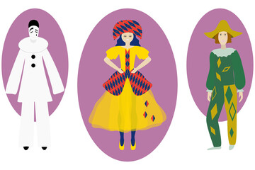 Columbine, Harlequin, Pierrot. Characters of the Italian commedia dell'arte. Vector illustration. Stock character of pantomime