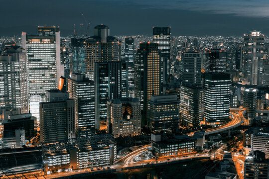 Aerial view of downtown Osaka at night