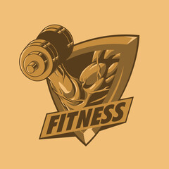 fitness arm holding barbell logo with badge shape in vintage color