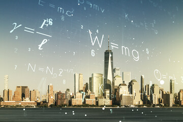 Scientific formula hologram on Manhattan cityscape background, research concept. Multiexposure