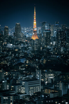 View of Tokyo Tower in city at night
