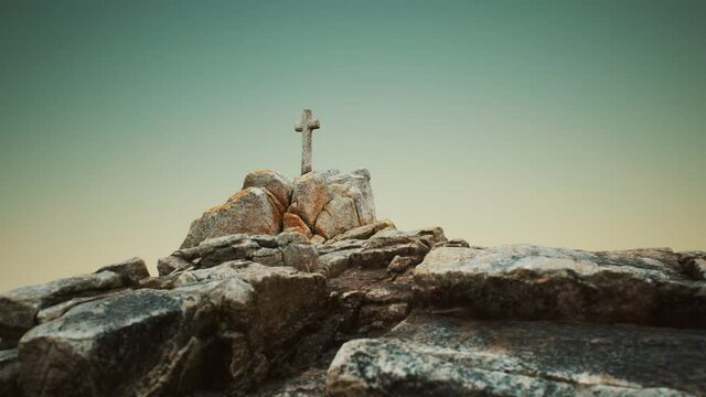 stone cross on the rock Beg Ar Groas