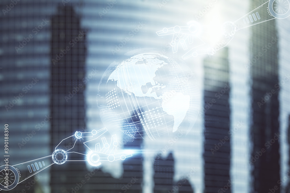 Poster abstract virtual robotics technology hologram with globe sketch on office buildings background. robo