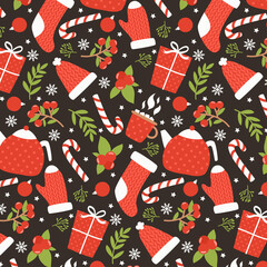 Winter pattern with mittens, socks, teapots and cups, branches, berries and snowflakes on dark background. Vector pattern for wrapping paper, textile, greeting cards and party invitations.