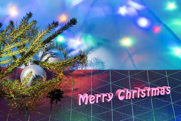 Merry Christmas. View of beautiful colorful Christmas decorated background texture. Postcard. 