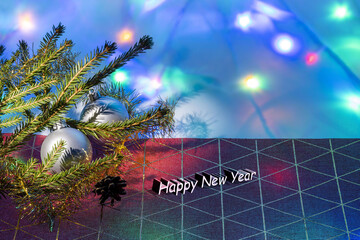Happy New Year. View of beautiful colorful Christmas decorated background texture. Postcard. 