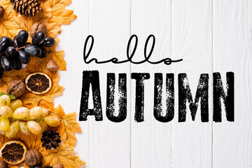 Top view of decoration with leaves and grapes near hello autumn lettering on white wooden background © LIGHTFIELD STUDIOS