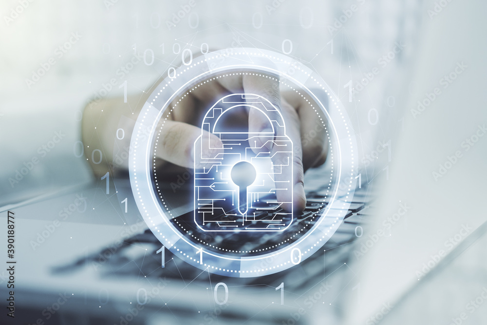 Poster double exposure of creative lock hologram with chip and hands typing on laptop on background. inform