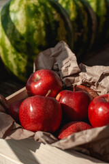 Still life photo of freshly picked red apples in a wooden box on the grass. Harvesting.