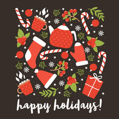 Cute winter illustrations. Teapot, mittens, socks, candy cane, leaves and flowers. Vector Christmas collection