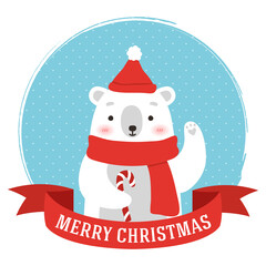 Cute cartoon polar bear illustration. Winter illustration of bear with merry Christmas text. Winter holidays greeting card template. Vector polar bear 
