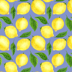 Watercolor lemon seamless patten. Hand drawn lemon tree fruits, leaves.