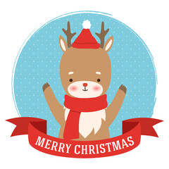 Cute cartoon deer illustration. Winter illustration of deer with merry Christmas text. Winter holidays greeting card template. Vector deer
