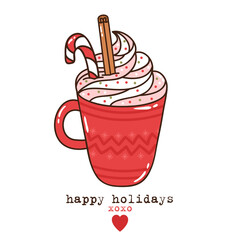 Cute winter drinks collection isolated. Cartoon cocoa or hot chocolate mug illustration. Vector illustration