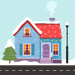 Cute winter house or cottage scene illustration. Cartoon house illustration. Vector landscape