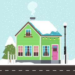 Cute winter house or cottage scene illustration. Cartoon house illustration. Vector landscape