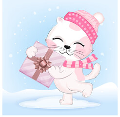 Cute Kitten with gift box in winter and Christmas season illustration.