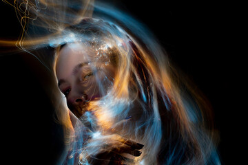 lightpainting portrait, new art direction, , light drawing at long exposure