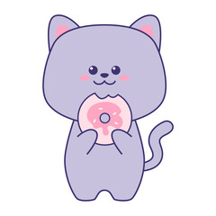 Cute cat holding donut. Flat design for poster or t-shirt. Vector illustration