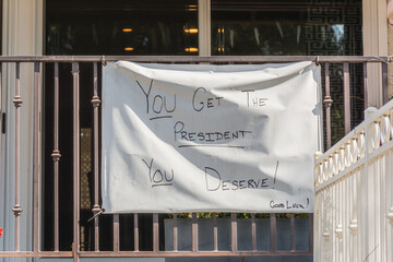 San Diego, California. 2020. Balboa Park Neighbor sharing political philosophy. 