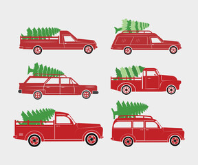 Christmas tree on the car. A retro pickup truck with a tree. Vector illustration Christmas red truck with a Christmas tree on a white background. Christmas and happy new year illustrations.
