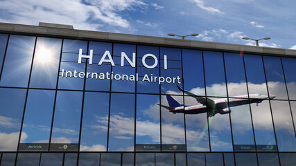 Airplane landing at Hanoi Vietnam airport mirrored in terminal