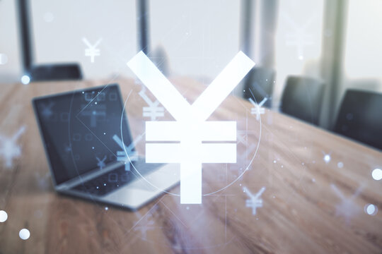 Double exposure of creative Japanese Yen symbol hologram on laptop background. Banking and investing concept