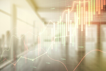 Multi exposure of virtual abstract financial diagram on abstract empty interior background, banking and accounting concept