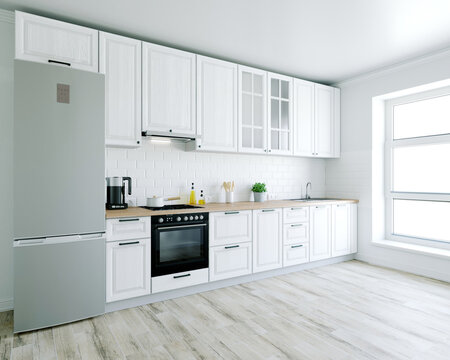White kitchen. Scandinavian style. 3d rendering