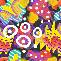 colorful freeform shape painting brush stroke overlapped seamless pattern on black
