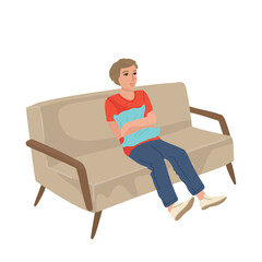 Teenager boy sits on a couch, presses a pillow, stomach ache, bad mood, illness. Vector illustration of a character on a white background.