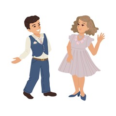 Etiquette for children. Greeting and invitation. A boy and a girl say hello, classic clothes. Illustration of characters on a white background.