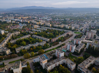 Flying over residential area in Uzhgorod city Zakarpattya