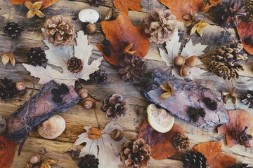 Autumn still life with fir cones and natural materials on a wooden background