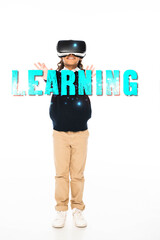 full length view of african american schoolgirl in virtual reality headset on white background, learning illustration