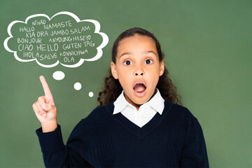 shocked african american schoolgirl pointing at thought bubble with international languages green chalkboard