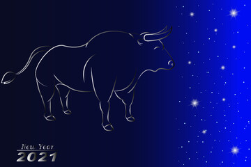 White metal bull. Symbol of 2021 on a blue background