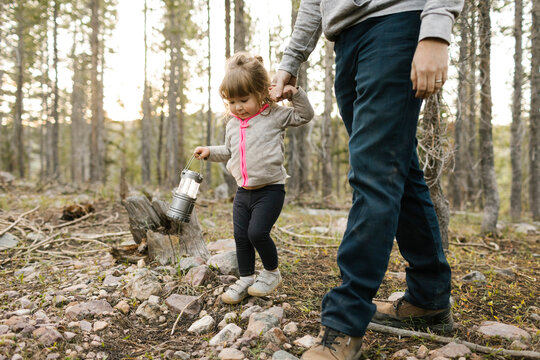 Father with daughter (2-3) walking in forest, Wasatch Cache National Forest