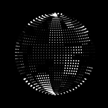 Soap bubble made from glowing panels. Luminous sphere. Logo icon for your project. Disco ball broken plane sea from dots