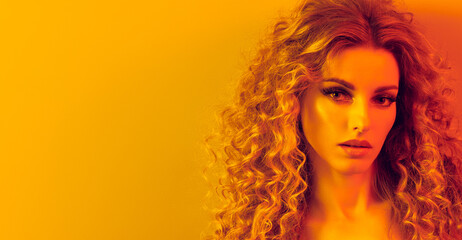 High Fashion. Woman in colorful neon gold light, make-up. Sexy blond girl, stylish curly hair, trendy makeup. Golden neon portrait. Creative beauty, fashionable model face, voluminous hairstyle