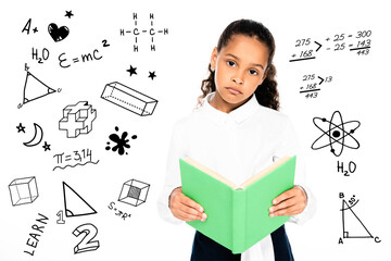 upset african american schoolgirl looking at camera while holding book isolated on white, educational illustration