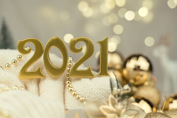 New Year 2021 numbers on Golden bokeh background New year mood, Christmas, greeting card, new year background