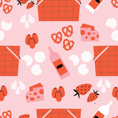 Pink and red picnic seamless repeat pattern with picnic baskets, olives, almonds, pretzels, cheese, crackers, and wine.