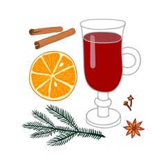 Mulled wine glass. Winter hot wine drink with spices isolated on white background. Mulled wine recipe Orange fruit slice, cinnamon, anise, clove, decorative fir-tree branch