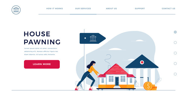 Web page design template for mortgage refinance. Woman drags a home to the bank for house pawning with getting cash out. Landing page with property refinancing concept. Flat design vector illustration