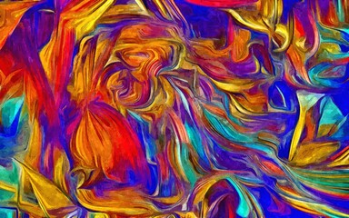 Fototapeta na wymiar Abstract psychedelic fractal background of stylized watercolor illustration, colored chaotically blurred spots and paint strokes of different sizes and shapes